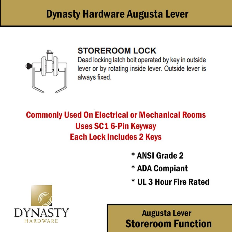 Dynasty Hardware Storeroom Door Lock Keyed Lever Lockset, ADA Compliant, Grade 2 Heavy Duty Locking Handle for Storage Room or Commercial Facility, Satin Chrome Finish, Model AUG-05-26D - Image 3